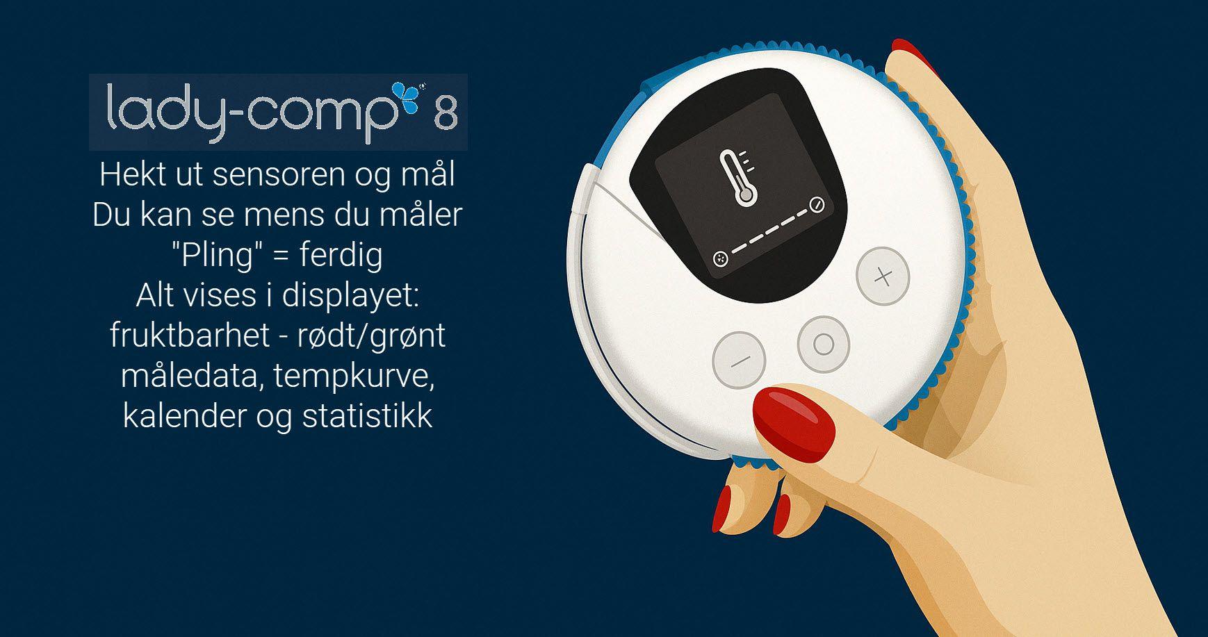 Hånd som holder Lady-Comp 8, en fruktbarhetsmonitor med digitalt display og sensor.
