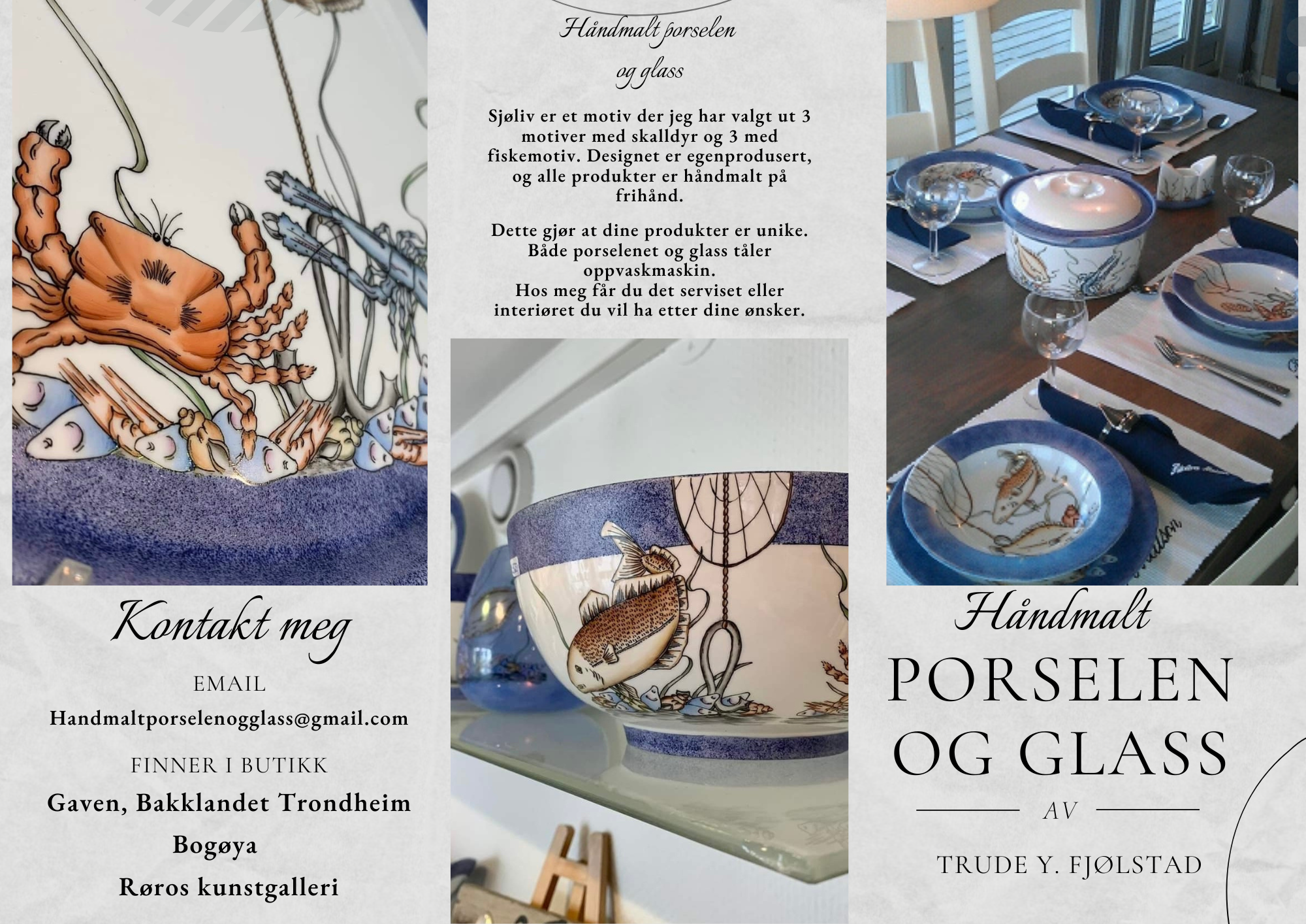 Håndlaget porselen og glass med kunstnerisk design, inkludert tallerkener og skåler, presentert på et bord.