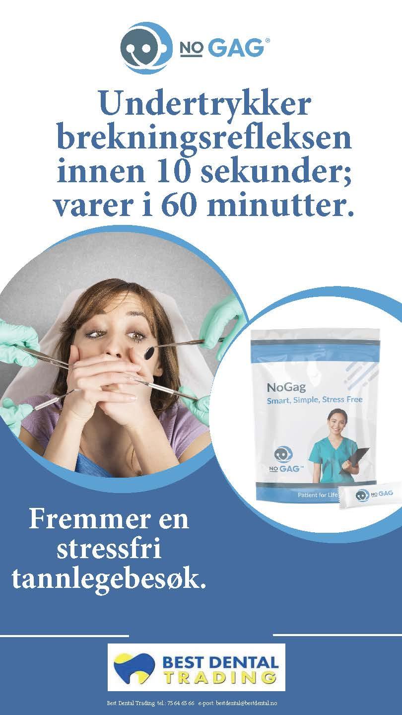 En kvinne holder en tannbørste og ser nervøs ut, med en plakat om No Gag som beskriver produktets effekt.