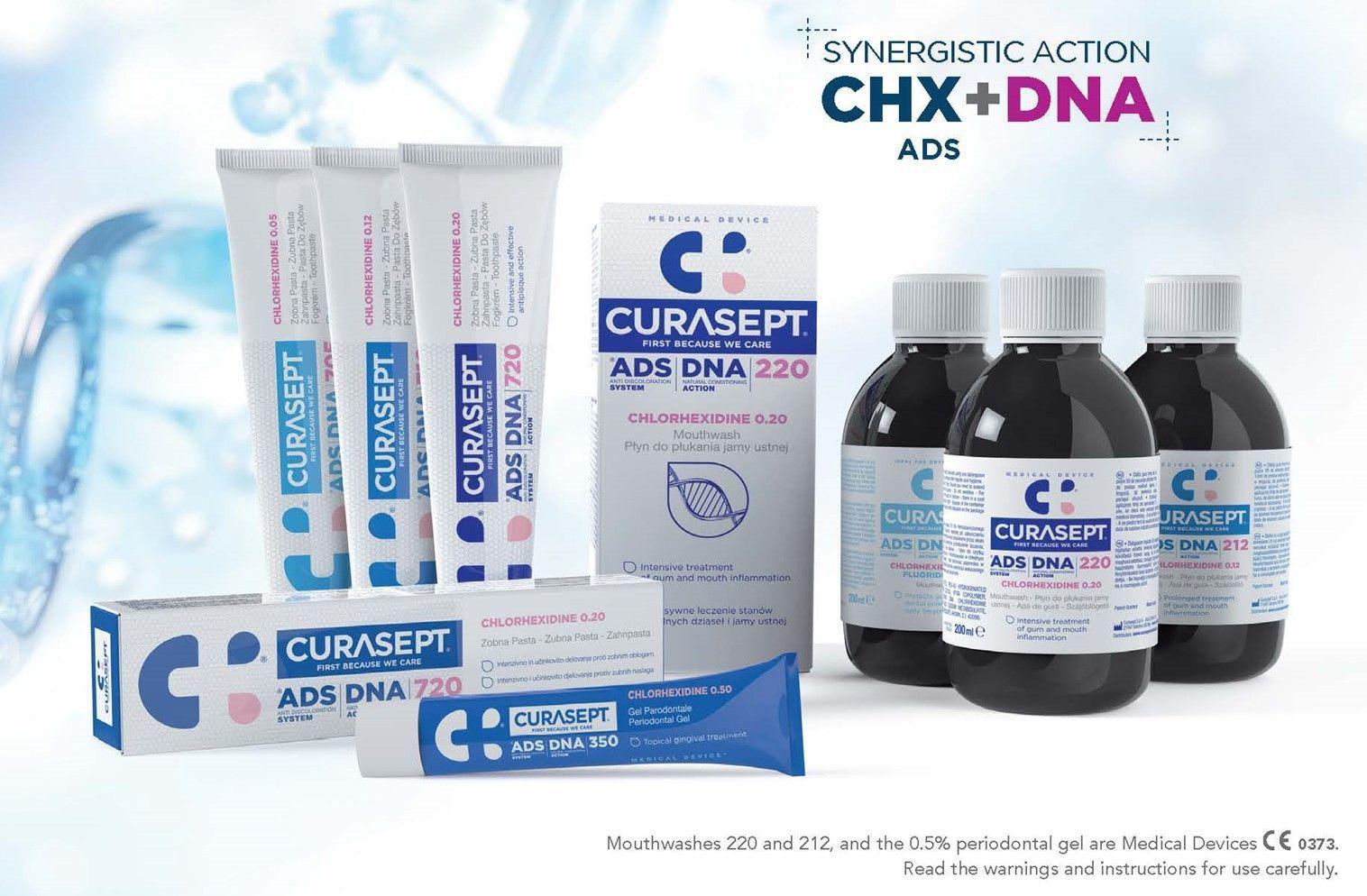 Bilde av Curasept produkter med CHX+DNA, inkludert tannkrem og munnskyll, på en lys bakgrunn.