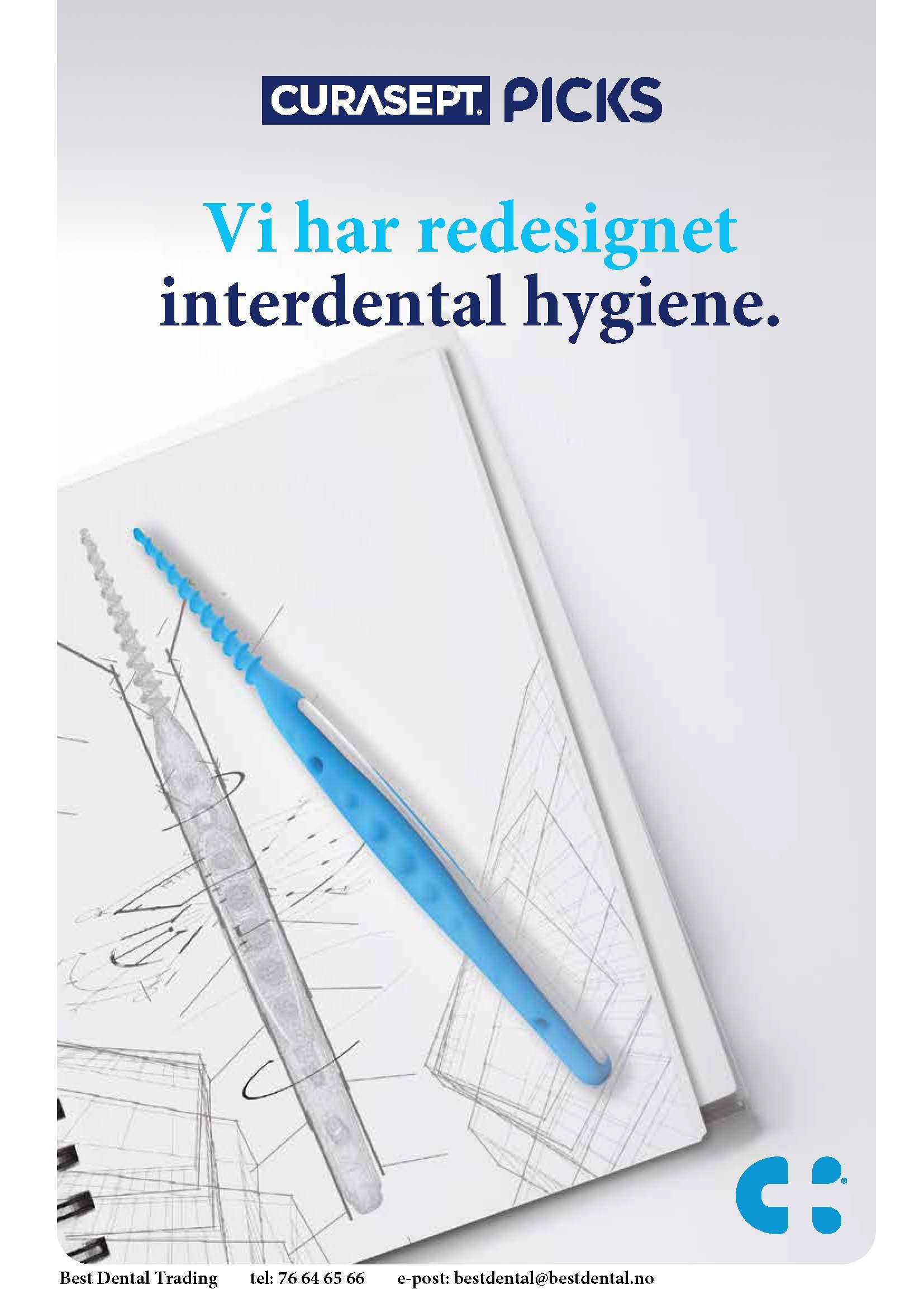 Bilde av en blå interdentalbørste fra Curasept med tekst om redesign av interdental hygiene.
