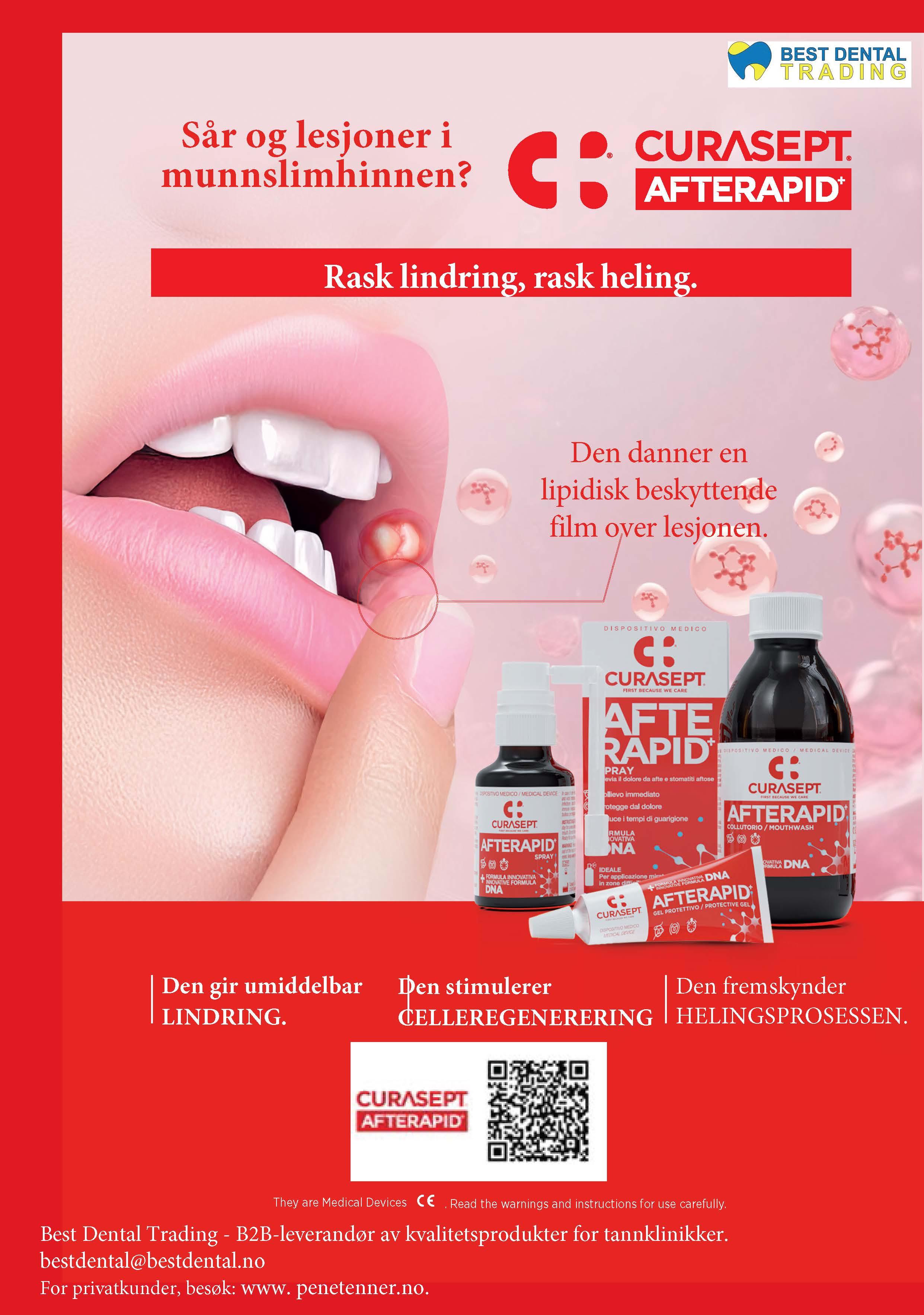 Plakat for Curasept Afterapid med informasjon om rask lindring og heling av sår i munnslimhinnen.