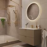 Moderne bad med dusj, rund speil med lys, beige skap og dekorative planter på benken.