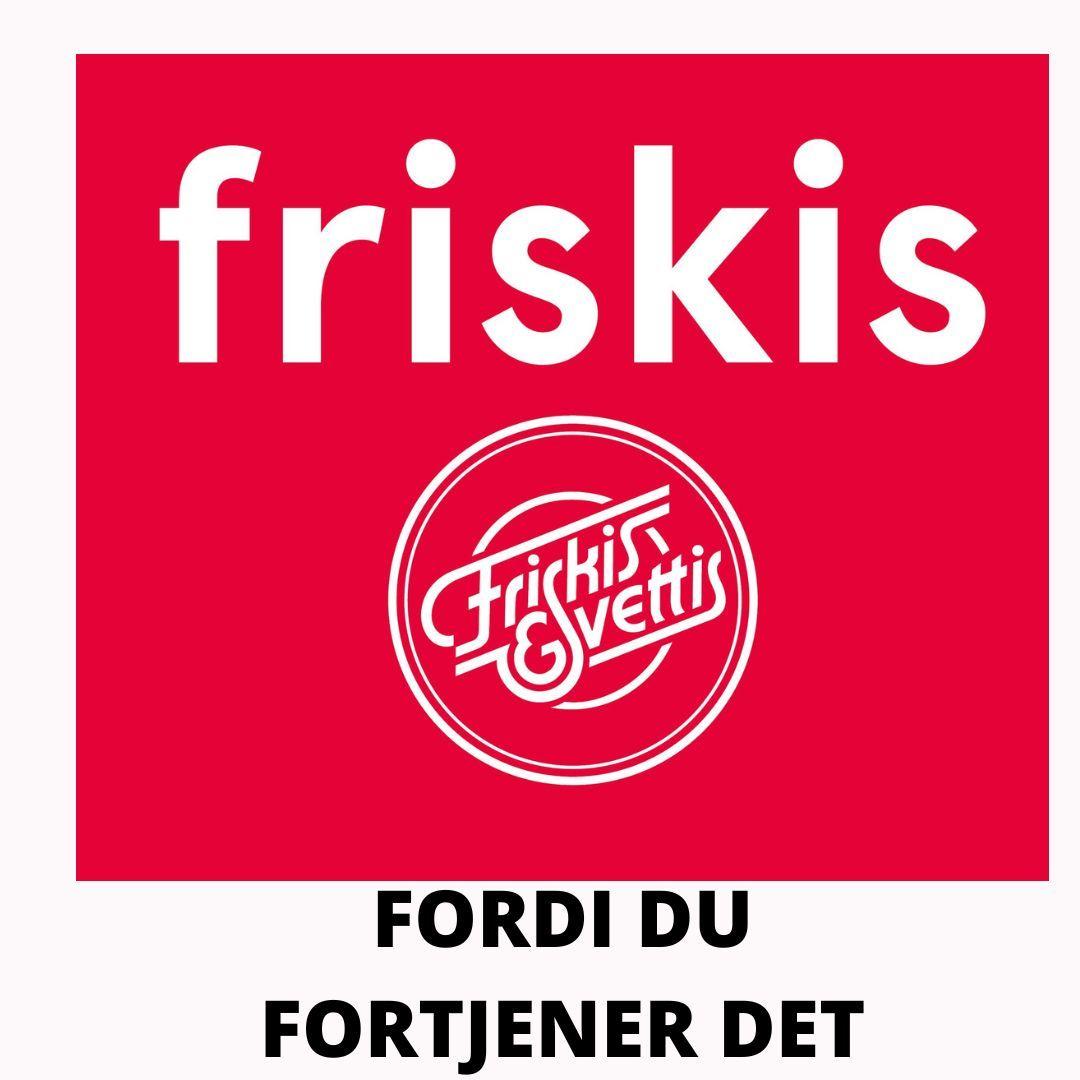 Logoen til Friskis & Svettis med teksten "Friskis" og "Fordi du fortjener det" i rødt og hvitt.