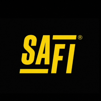 Logoen til SAFI i gult på svart bakgrunn, med en moderne og enkel typografi.