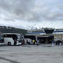 Bussene står parkert ved cruiseskipet i havnen, med fjell i bakgrunnen og folk som går av og på.