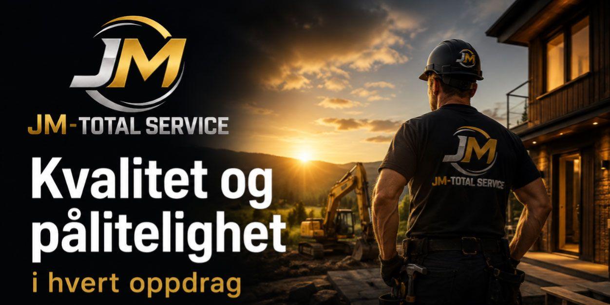En håndverker i arbeidstøy står foran en bygning ved solnedgang, med teksten "Kvalitet og pålitelighet i hvert oppdrag".