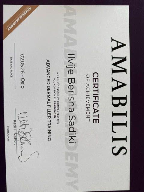 Sertifikat for prestasjon fra Amabilis, med navn og dato for avansert dermal filler trening.
