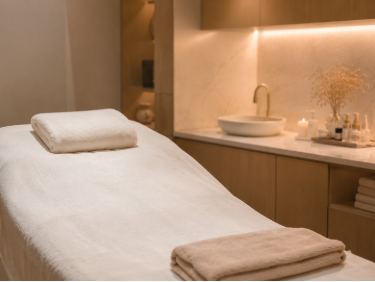 Et massasjebord med håndklær i et moderne spa-rom med dempet belysning og dekorative elementer.