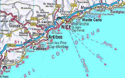 Kart over Côte d'Azur med byene Nice, Cannes og Antibes langs kysten av Frankrike.