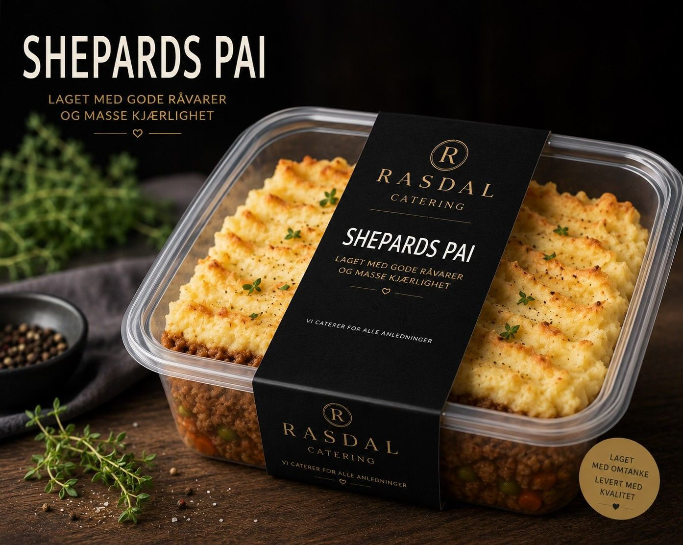 Shepherd's pai i en plastbeholder med potetmos og kjøttdeig, dekorert med urter og en svart etikett.