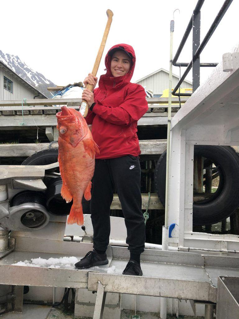 En person i rød jakke står på en båt og holder en stor, oransje fisk. Bakgrunnen viser en havn med bygninger.