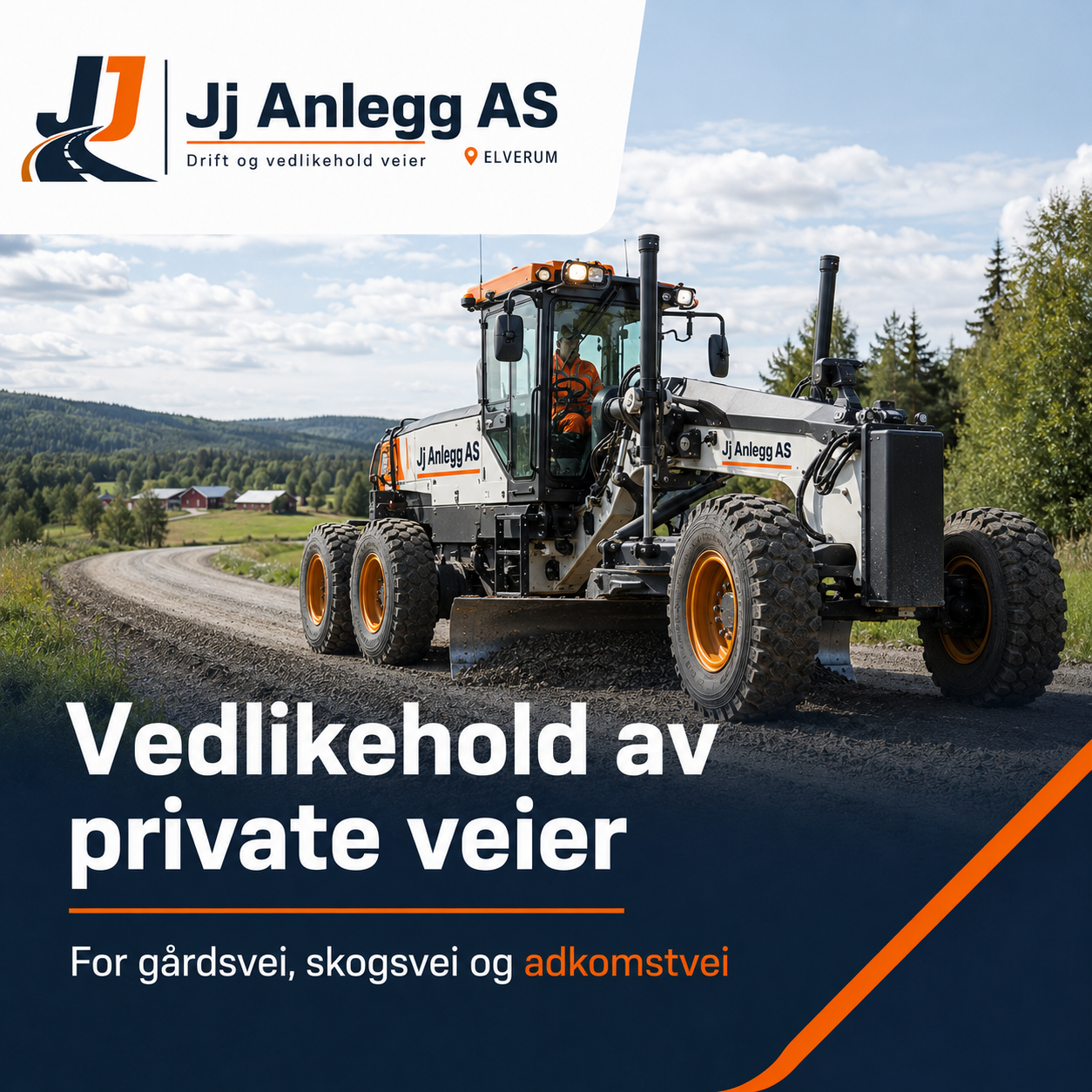 Graderingsmaskin fra JJ Anlegg AS som utfører vedlikehold av private veier i naturskjønt landskap.