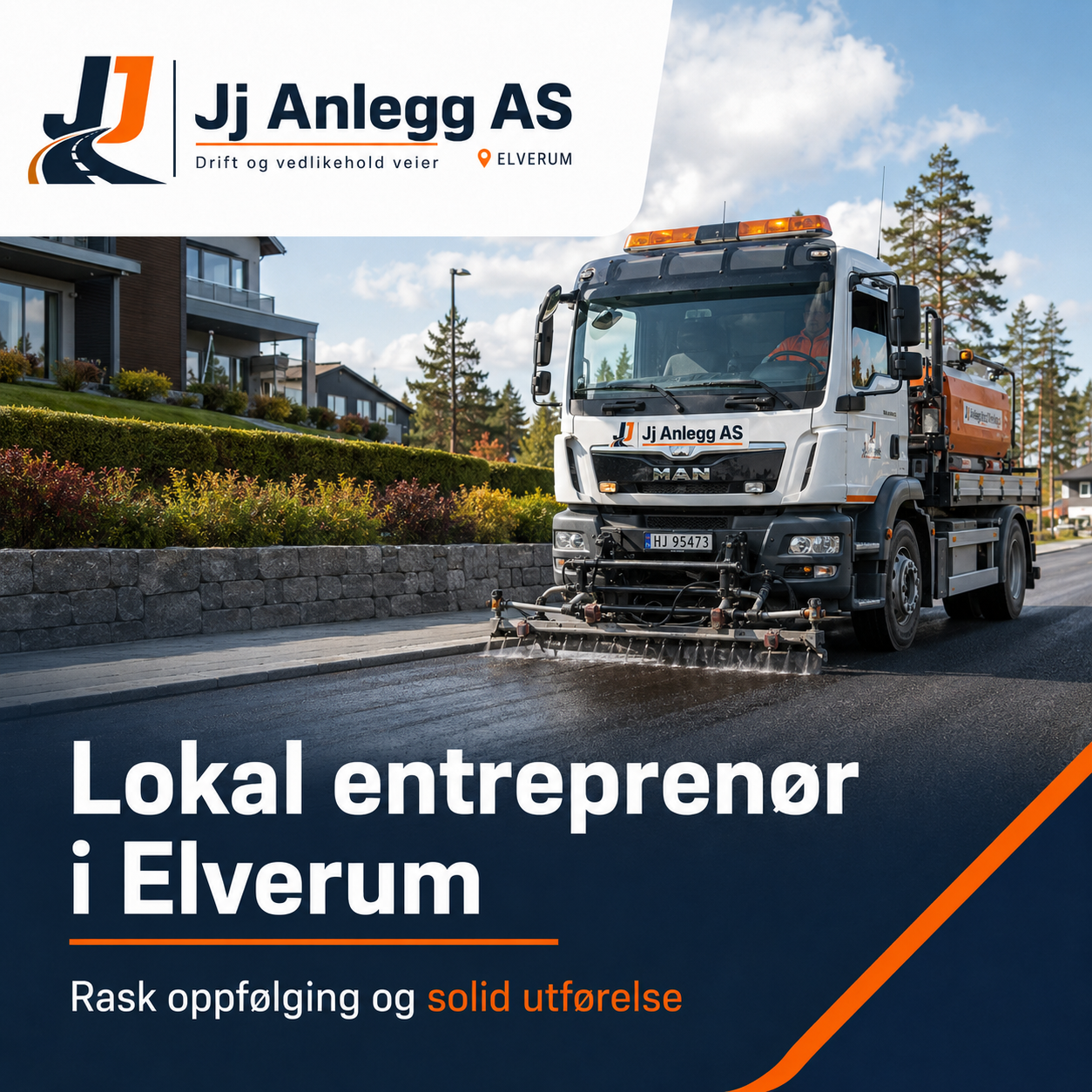 Lastebil fra Jj Anlegg AS som arbeider med asfaltlegging i Elverum, med fokus på rask oppfølging og solid utførelse.