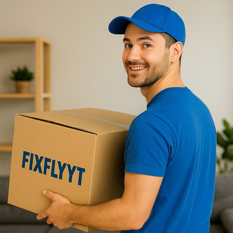 En smilende mann i blå t-skjorte og caps bærer en eske med teksten "FIXFLYT" i et lyst rom.