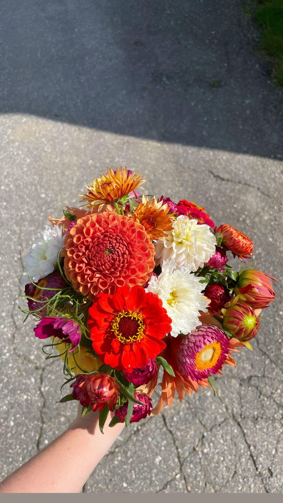 En fargerik bukett med blomster, inkludert røde, oransje og hvite blomster, holdt i hånden.
