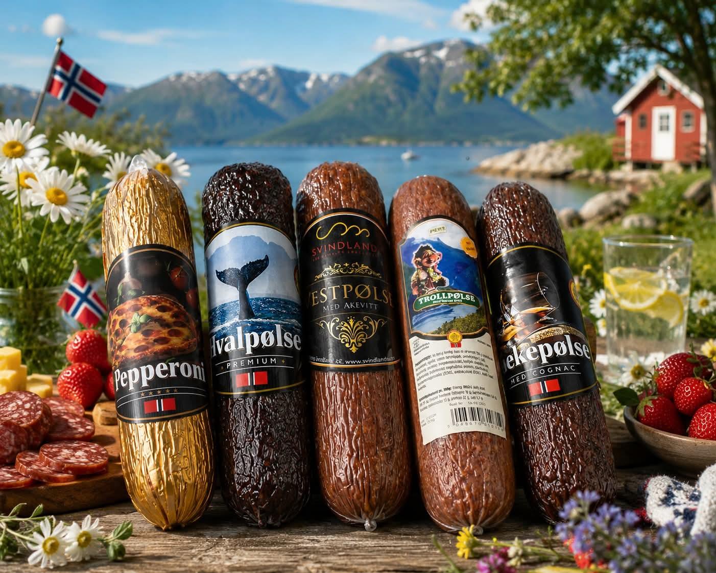 Fem typer pølser i en naturskjønn setting ved sjøen, med blomster og en rød hytte i bakgrunnen.
