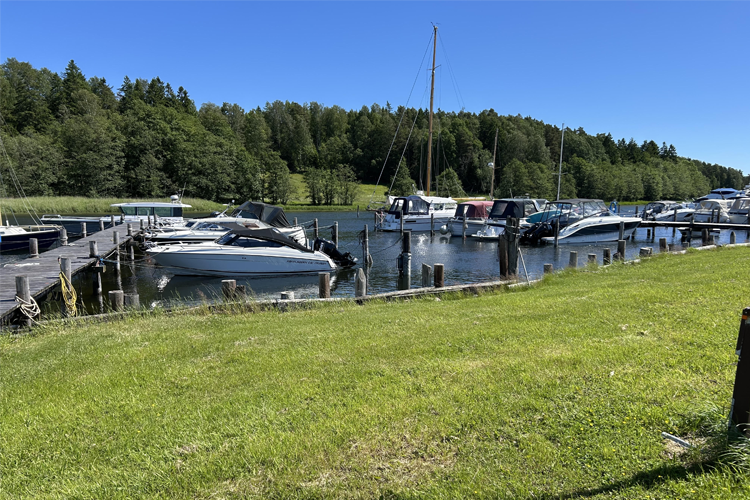 Båter fortøyd ved en brygge i en rolig havn om sommeren, med grønt gress og trær i bakgrunnen.