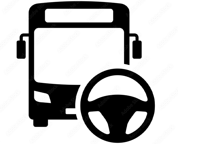 En svart silhuett av en buss med ratt, symboliserer offentlig transport og reise.