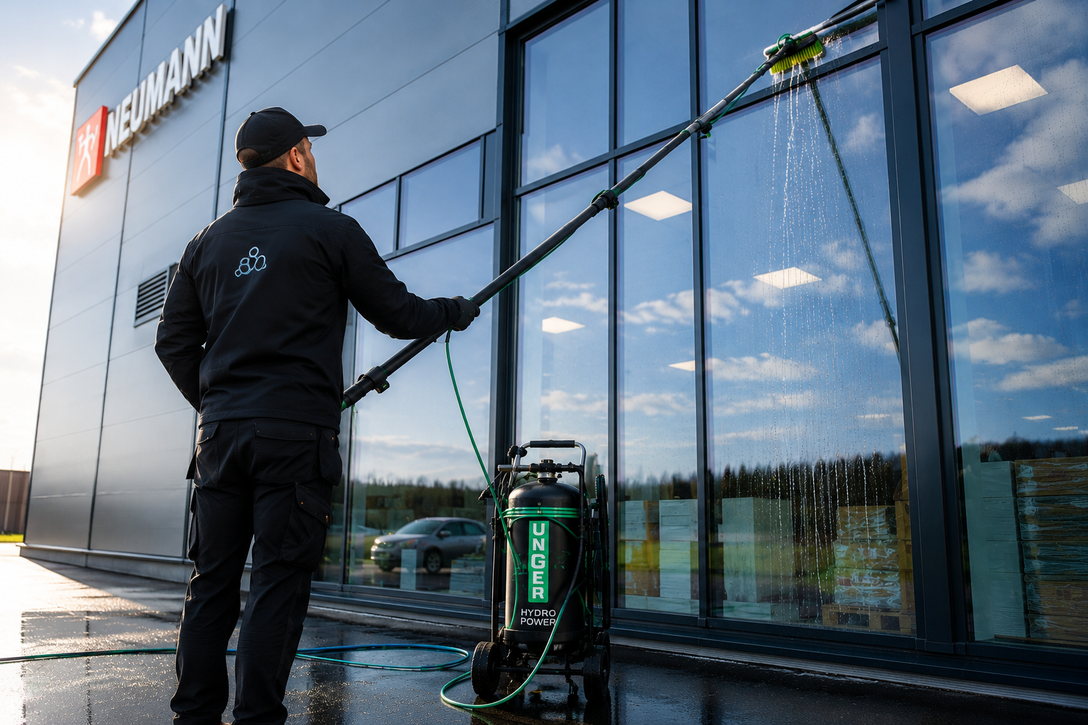 En person bruker en høytrykkspyler for å rengjøre vinduene på en moderne bygning.