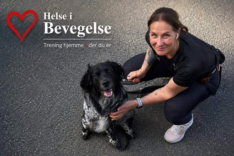 Kvinne med hund i bånd på en vei, smilende og aktiv, med tekst om helse og trening i bakgrunnen.