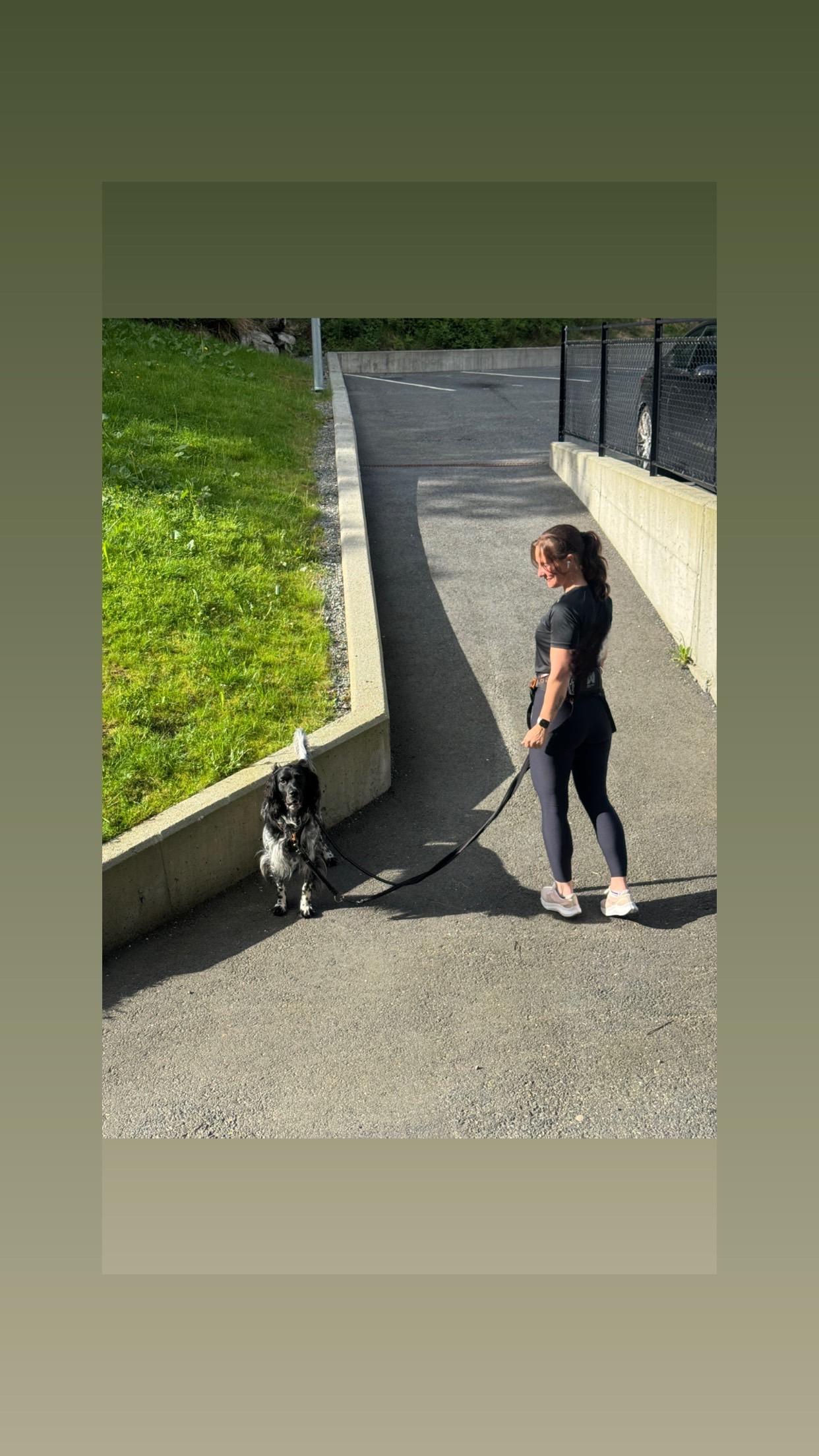 En jente står på en sti med en hund i bånd, omgitt av grønt gress og en mur.