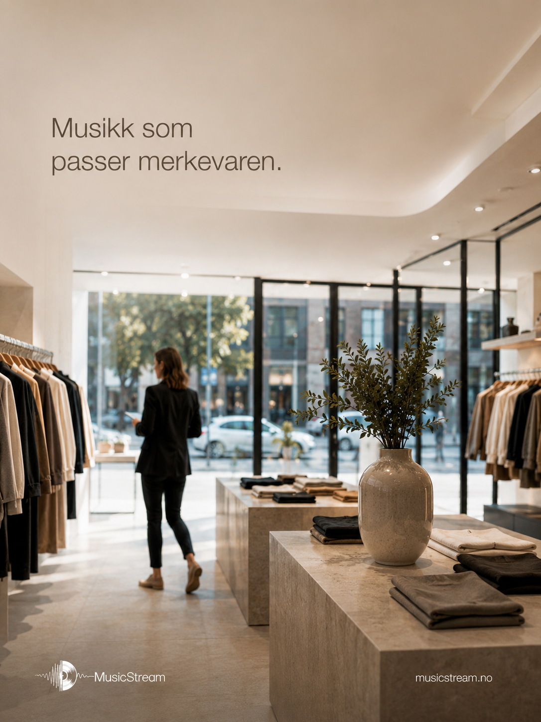 Kvinne i en moderne klesbutikk med klær og interiør, med fokus på musikk som passer merkevaren.