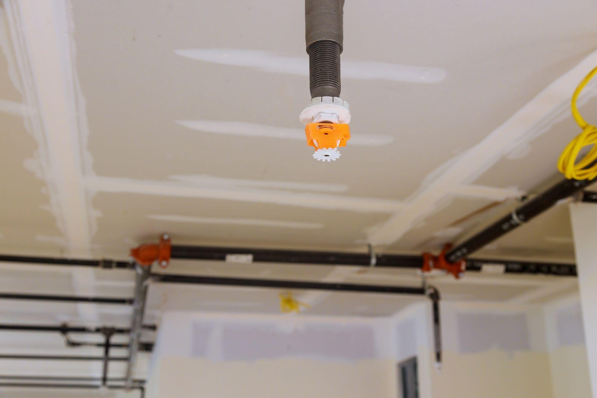 Sprinkleranlegg i taket i en nybygget garasje med synlige rør og elektriske ledninger.