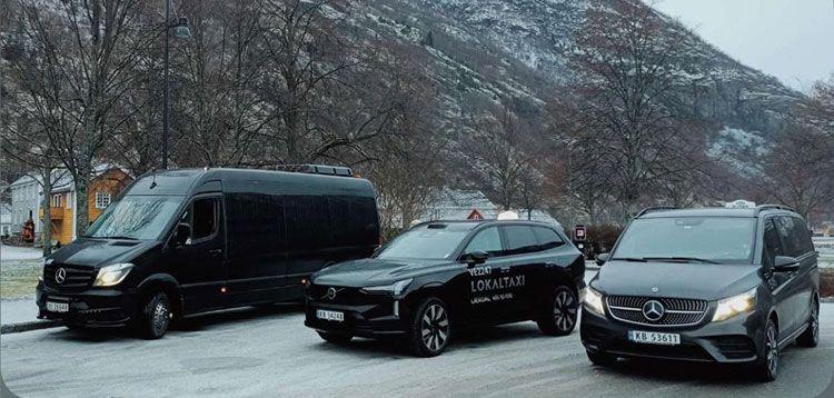 Tre svarte biler parkert på en snødekt vei med fjell i bakgrunnen.