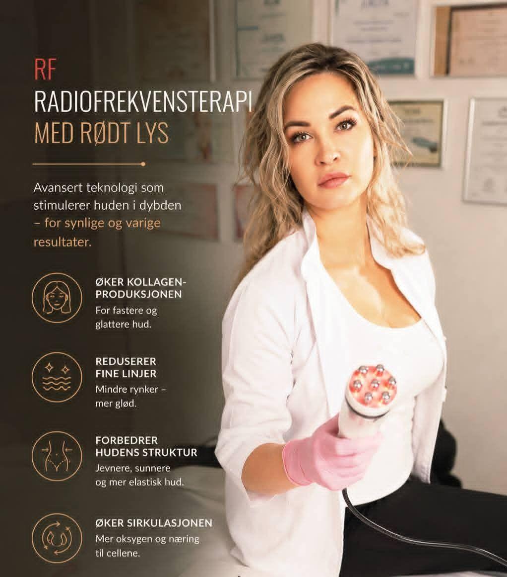 Kvinne som utfører radiofrekvensterapi med rødt lys for hudbehandling og forbedring av hudens struktur.
