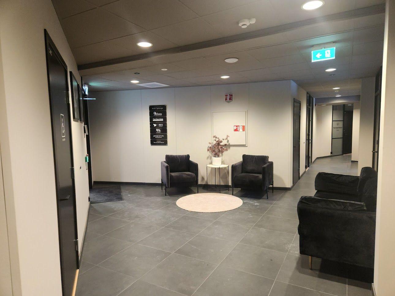 Moderne gang med svarte stoler, et rundt teppe og en plante i en vase på et bord.