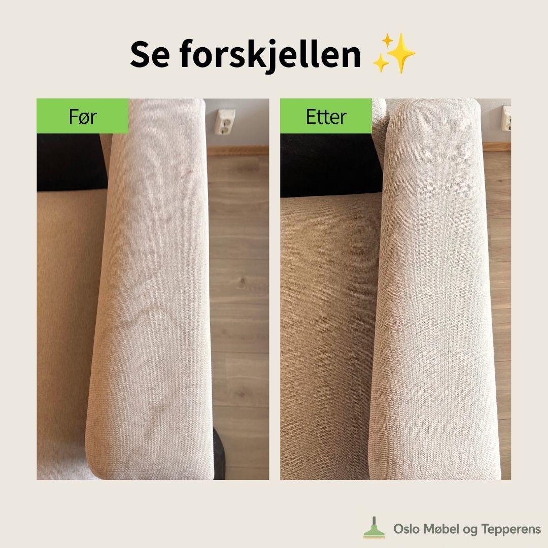 Før- og etterbilde av en sofa med tydelig forskjell i rengjøring, viser renere og lysere stoff.