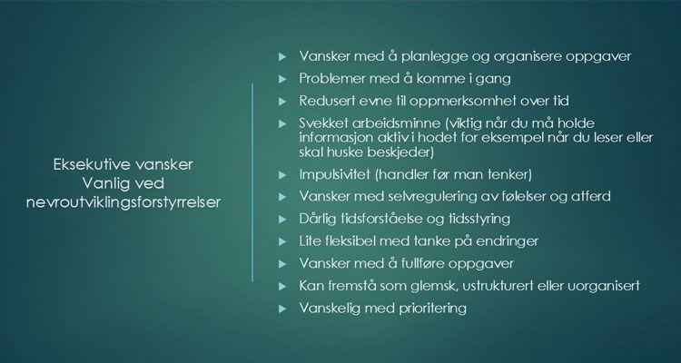 Liste over vanlige utfordringer ved nevoutviklingsforstyrrelser, inkludert organisering og oppmerksomhet.