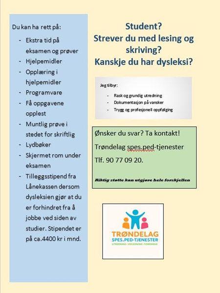Informasjonsplakat om hjelp til studenter med lesing, skriving og dysleksi, inkludert kontaktinformasjon for Trøndelag.