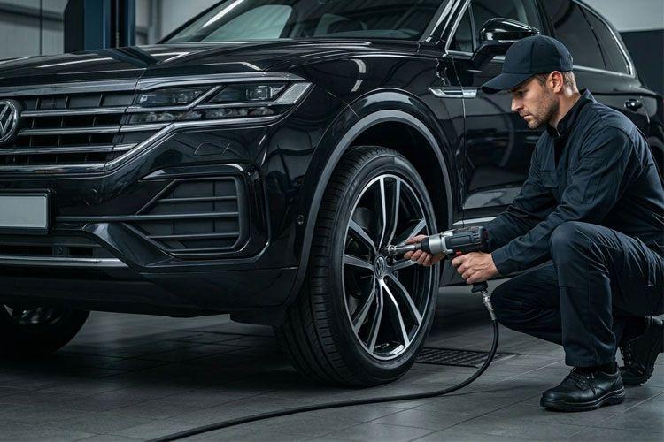 En mekaniker skifter dekk på en svart Volkswagen Touareg med en elektrisk verktøy.