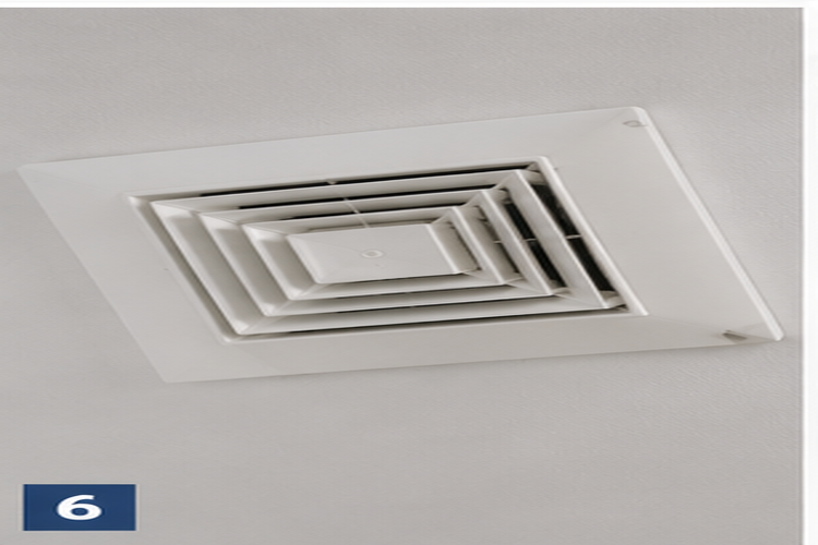 Takventil med firkantet design, montert i taket, som brukes til ventilasjon i rommet.