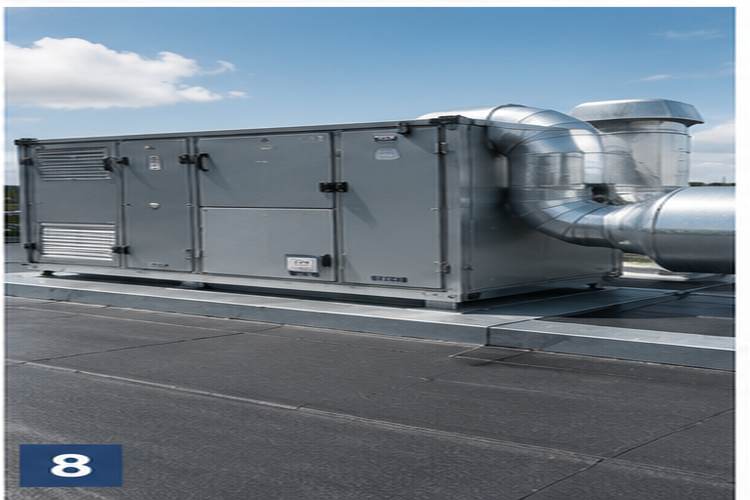 Kommersiell ventilasjonsenhet med metallkanaler på taket av en bygning under en klar himmel.