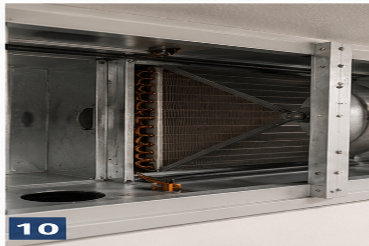 Bilde av et ventilasjonssystem med kjølerør og metallramme i et tak.