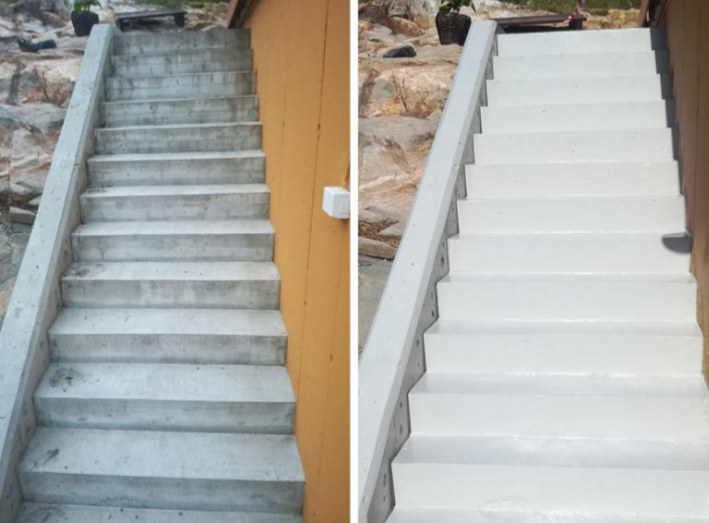 Trappen før og etter renovering, med grå betongtrinn og ny hvit maling på trappen.