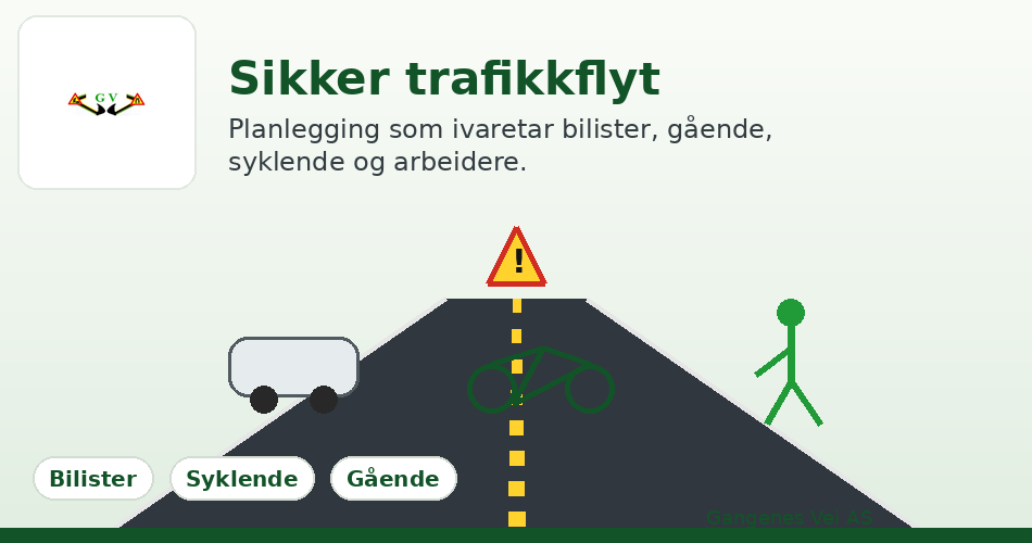 Sikker trafikklflyt med illustrasjoner av biler, gående, syklende og en advarselssymbol på veien.