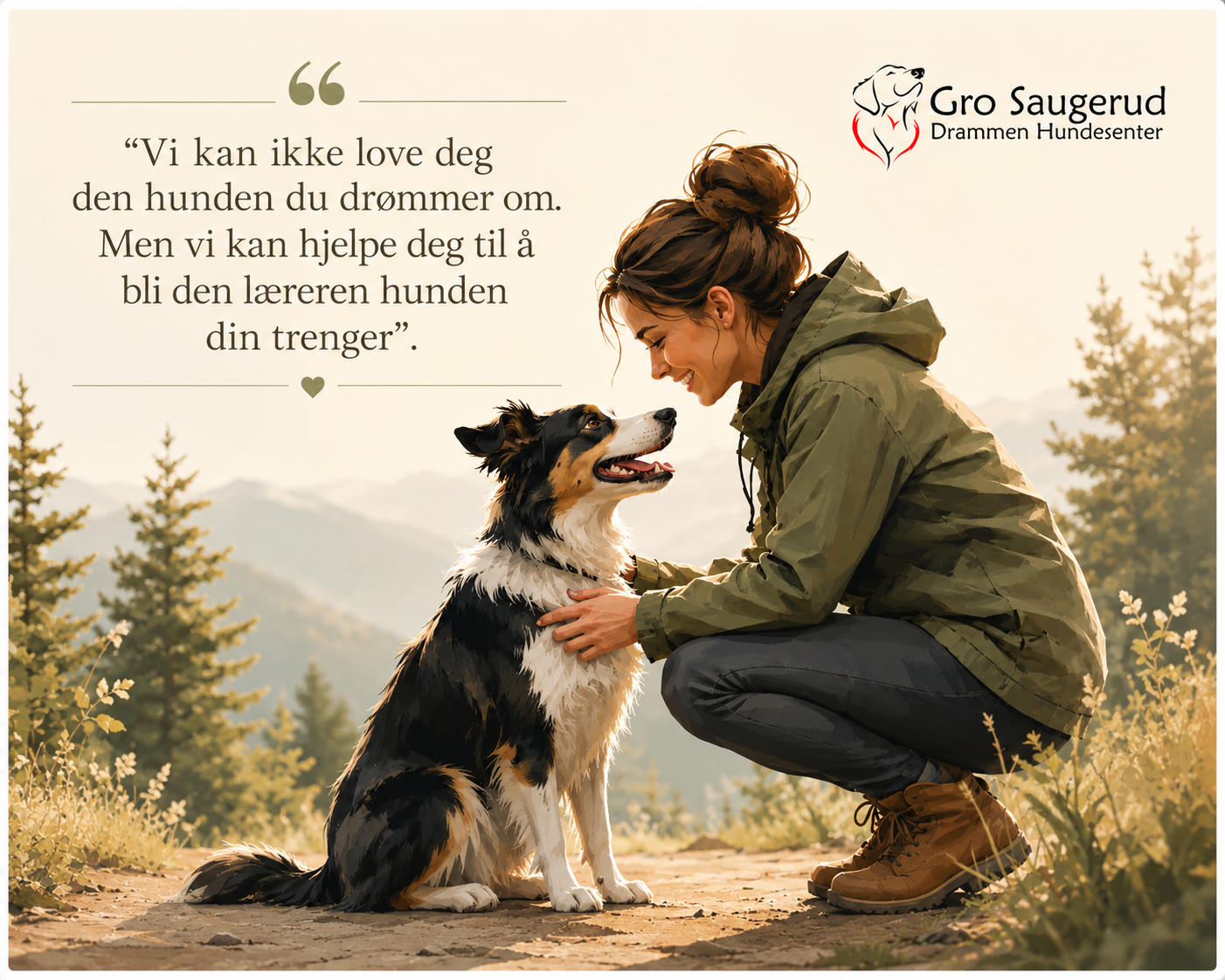 Kvinne i grønn jakke smiler til en svart-hvit hund i naturen, med fjell i bakgrunnen og sitat om hunder.