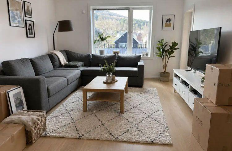 Stue med grå sofa, bord, planter og flytteesker, med vindu som viser utsikt til naturen.