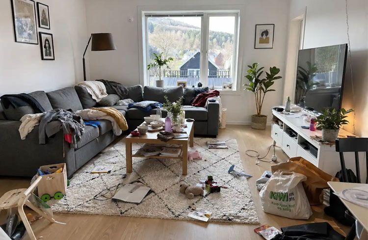 Rotete stue med grå sofa, bord med søppel, planter og vindu som viser utsikt over landskapet.