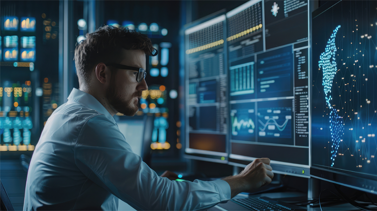 En mann i skjorte jobber med flere dataskjermer som viser dataanalyser og grafiske representasjoner.