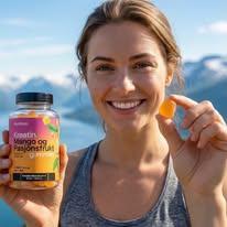 Kvinne holder en flaske med kosttilskudd og en gelebit av mango foran en vakker fjordutsikt.
