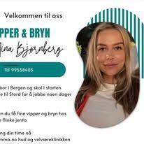 Velkommen til oss hos Vipper & Bryn, med bilde av en jente med langt hår og smilende ansikt.