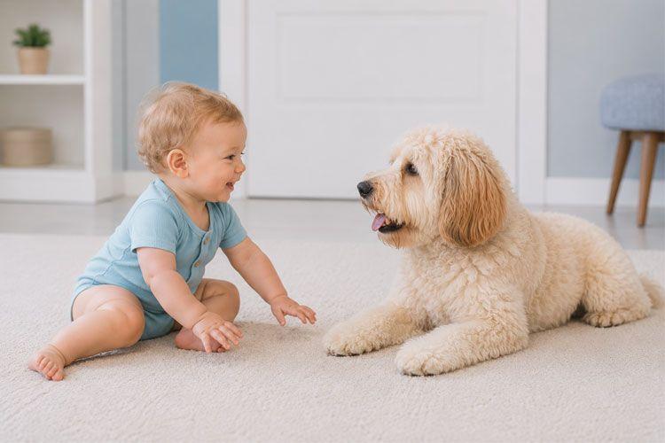 En baby sitter på gulvet og smiler til en fluffy hund i et lyst rom.