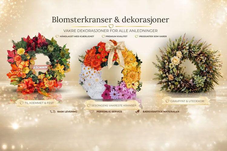 Blomsterkranser og dekorasjoner med ulike farger og stiler for alle anledninger, inkludert jul og fest.
