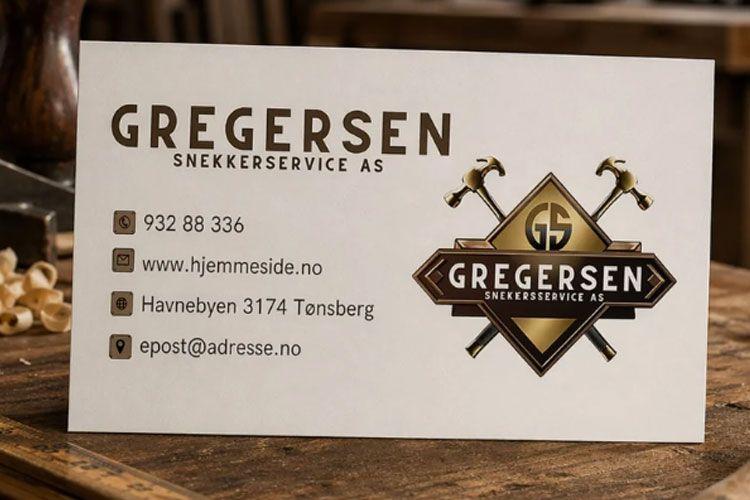 Visittkort for Gregersen Snekkerservice AS med kontaktinformasjon og logo.