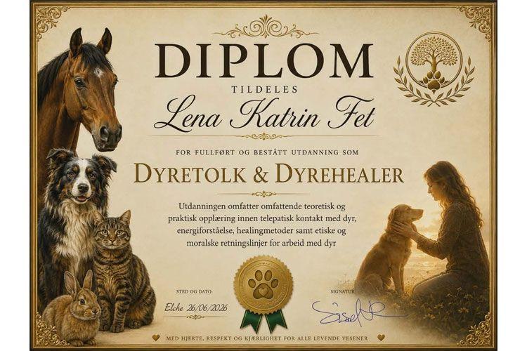 Diplom tildelt Lena Katrin Fet for dyretolk og dyrehealer, med bilder av hest, hunder og en kvinne.